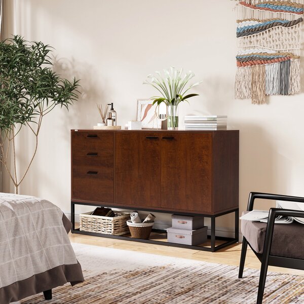 Mobile Buffet Stile Industriale 120x40x83 cm con Armadietto 2 Ante e 3 Cassetti Marrone