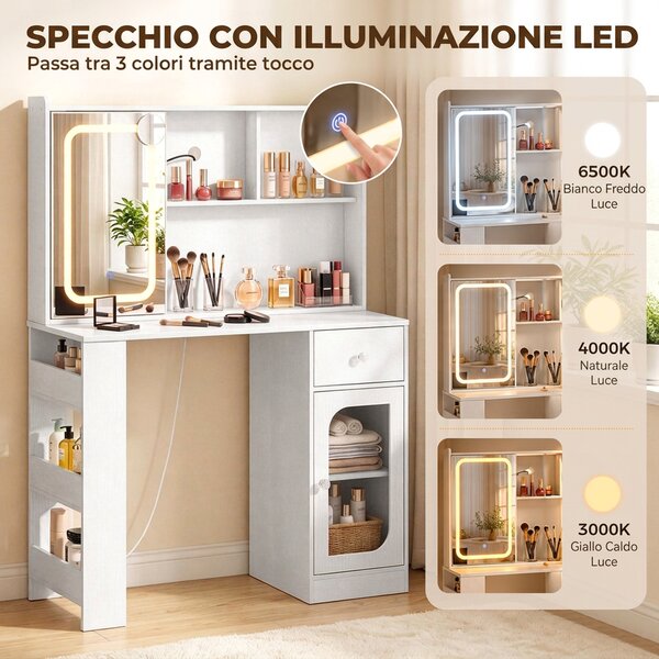 HOMCOM Toeletta da Trucco con Specchio Scorrevole Luci LED Cassetto Bianco | Aosom Italy