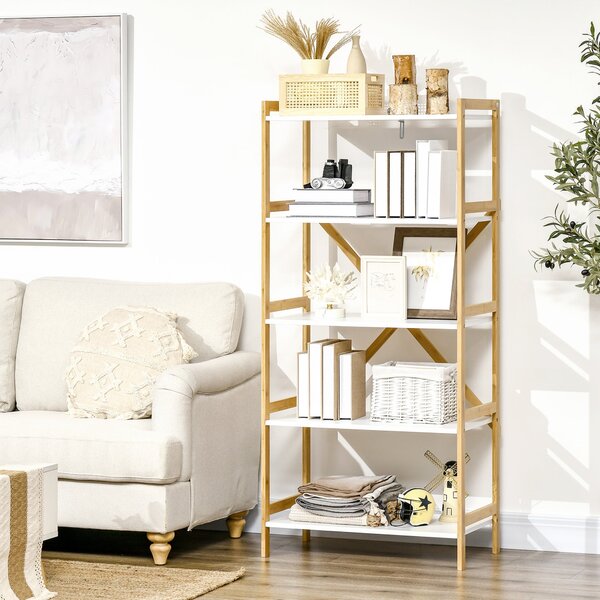 Scaffalatura a 5 Piani 70x37,5x150 cm in Bamboo e MDF Bianco