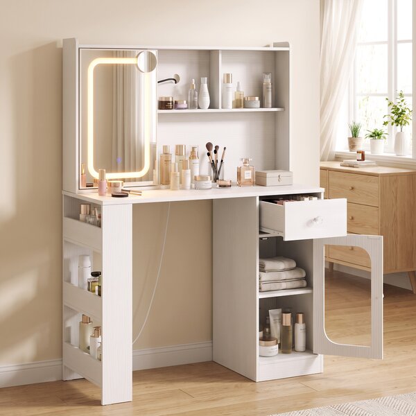HOMCOM Toeletta da Trucco con Specchio Scorrevole Luci LED Cassetto Bianco | Aosom Italy