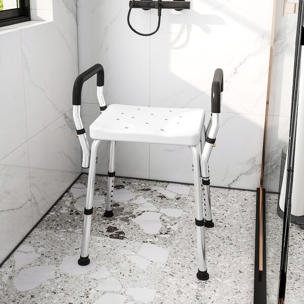 HOMCOM Sgabello Doccia in Alluminio ad Altezza Regolabile con Braccioli e Piedini Antiscivolo, Bianco | Aosom Italy