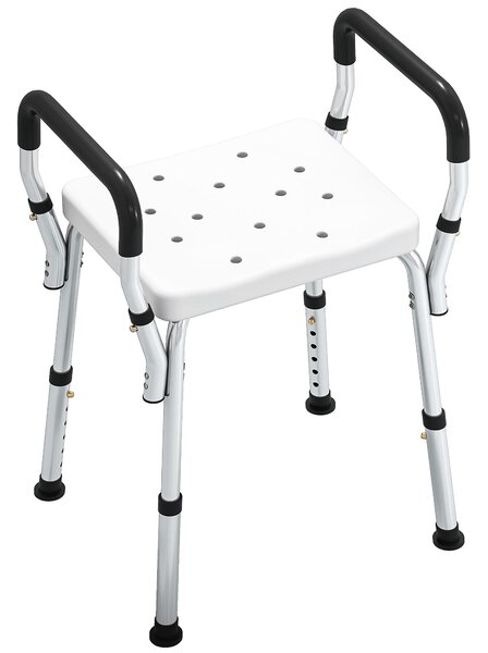 HOMCOM Sgabello Doccia in Alluminio ad Altezza Regolabile con Braccioli e Piedini Antiscivolo, Bianco | Aosom Italy