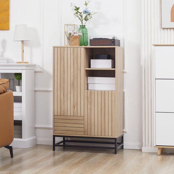 Mobiletto a Coste 1 Cassetto 2 Ante 2 Ripiani 75x40x120 cm in MDF e Acciaio Color Legno
