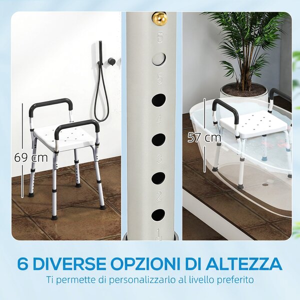 HOMCOM Sgabello Doccia in Alluminio ad Altezza Regolabile con Braccioli e Piedini Antiscivolo, Bianco | Aosom Italy