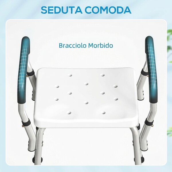 HOMCOM Sgabello Doccia in Alluminio ad Altezza Regolabile con Braccioli e Piedini Antiscivolo, Bianco | Aosom Italy