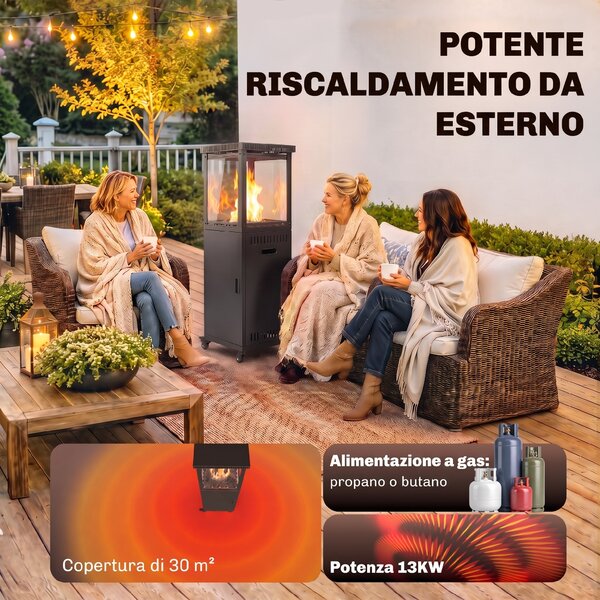 Outsunny Stufa A Gas da Esterno 13kW Con Ruote e Pietre, Nera | Aosom Italy