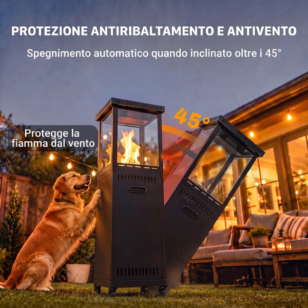 Outsunny Stufa A Gas da Esterno 13kW Con Ruote e Pietre, Nera | Aosom Italy