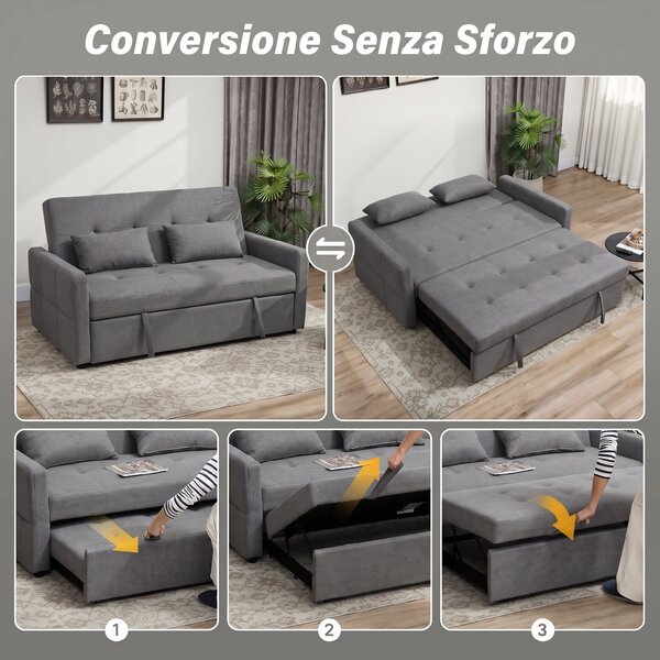 HOMCOM Divano Letto 2 Posti 3 in 1 in Lino con 2 Cuscini, Estraibile Clic Clac Reclinabile, Seduta Imbottita, Grigio | Aosom Italy