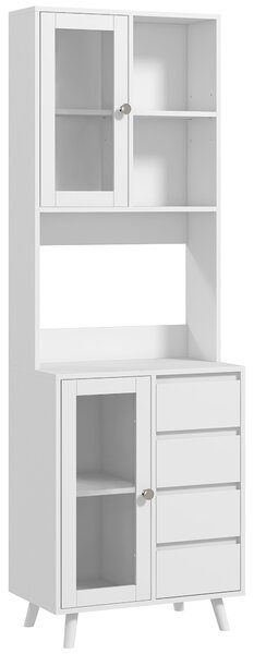 HOMCOM Credenza Cucina Alta con Ante in Vetro, 2 Ripiani Aperti, 4 Cassetti, Ripiani Regolabili, 60x35x180 cm, Bianco | Aosom Italy