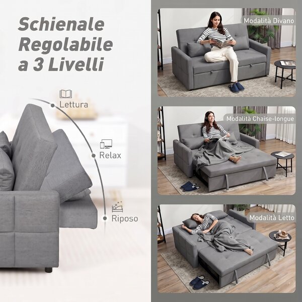 HOMCOM Divano Letto 2 Posti 3 in 1 in Lino con 2 Cuscini, Estraibile Clic Clac Reclinabile, Seduta Imbottita, Grigio | Aosom Italy