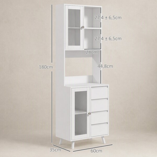 HOMCOM Credenza Cucina Alta con Ante in Vetro, 2 Ripiani Aperti, 4 Cassetti, Ripiani Regolabili, 60x35x180 cm, Bianco | Aosom Italy