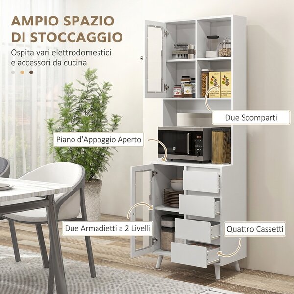 HOMCOM Credenza Cucina Alta con Ante in Vetro, 2 Ripiani Aperti, 4 Cassetti, Ripiani Regolabili, 60x35x180 cm, Bianco | Aosom Italy