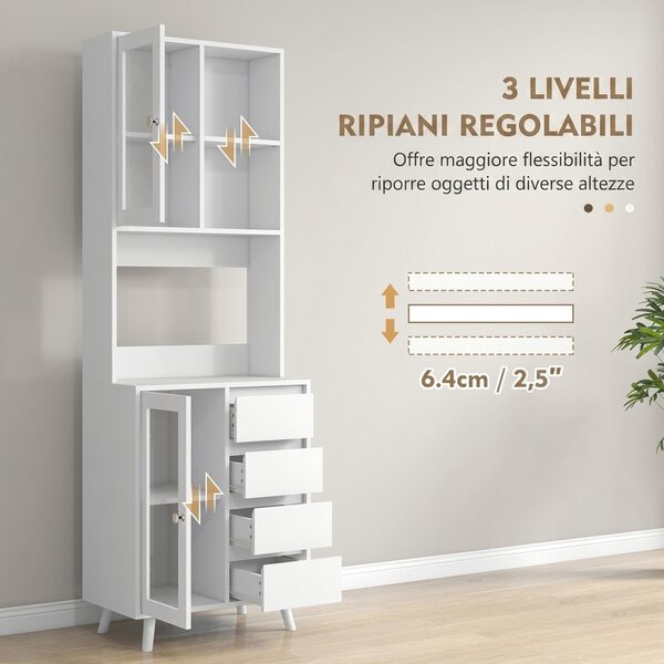 HOMCOM Credenza Cucina Alta con Ante in Vetro, 2 Ripiani Aperti, 4 Cassetti, Ripiani Regolabili, 60x35x180 cm, Bianco | Aosom Italy