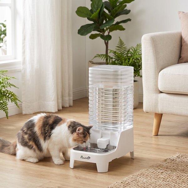 Distributore di Acqua per Gatti e Cani Automatico a Gravità 8 L 19,3x32,8x43,4 cm con Ciotola in Acciaio Inox e ABS Bianco