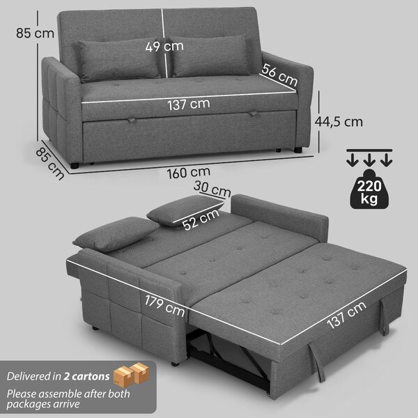 HOMCOM Divano Letto 2 Posti 3 in 1 in Lino con 2 Cuscini, Estraibile Clic Clac Reclinabile, Seduta Imbottita, Grigio | Aosom Italy