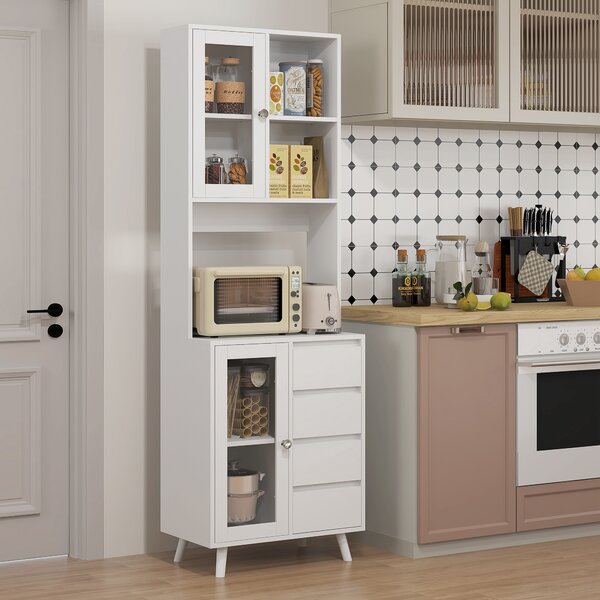 HOMCOM Credenza Cucina Alta con Ante in Vetro, 2 Ripiani Aperti, 4 Cassetti, Ripiani Regolabili, 60x35x180 cm, Bianco | Aosom Italy