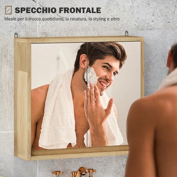 HOMCOM Armadietto Bagno con Specchio a 2 Ante, Ripiano Regolabile, 48x14.5x45cm, Color Legno | Aosom Italy