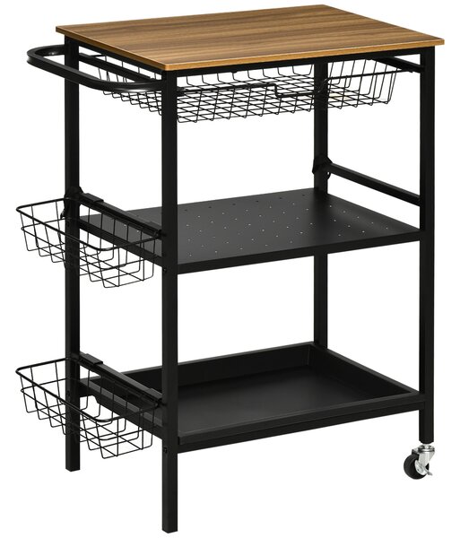 Carrello da Cucina 3 Livelli 75x43,5x91 cm con 2 Ruote e Cesto Estraibile color Legno e Nero