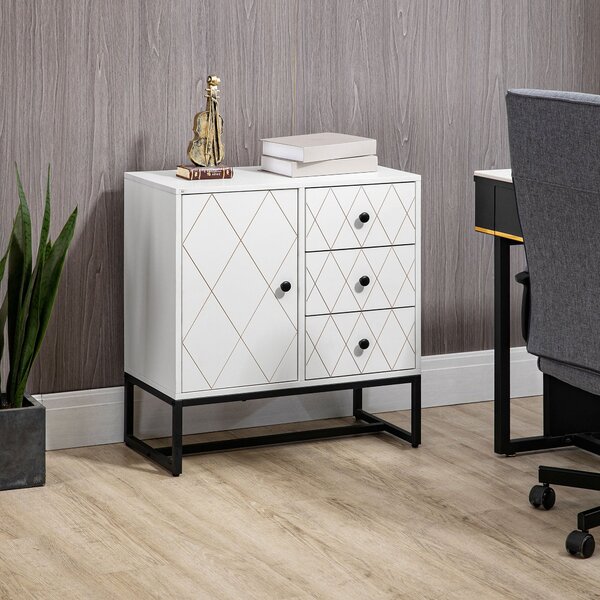 Cassettiera 3 Cassetti 1 Anta 70x35x75 cm in Acciaio e MDF Bianco