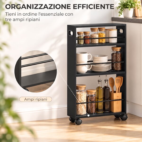 HOMCOM Carrello Portaoggetti 3 Ripiani Con Ruote In Metallo Nero | Aosom Italy