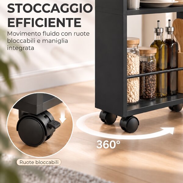 HOMCOM Carrello Portaoggetti 3 Ripiani Con Ruote In Metallo Nero | Aosom Italy