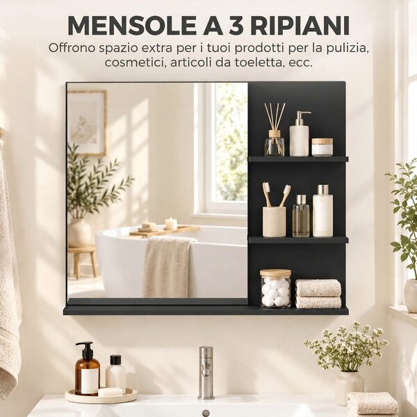 Kleankin Specchio da Bagno con 3 Ripiani Portaoggetti per Trucco, Nero | Aosom Italy