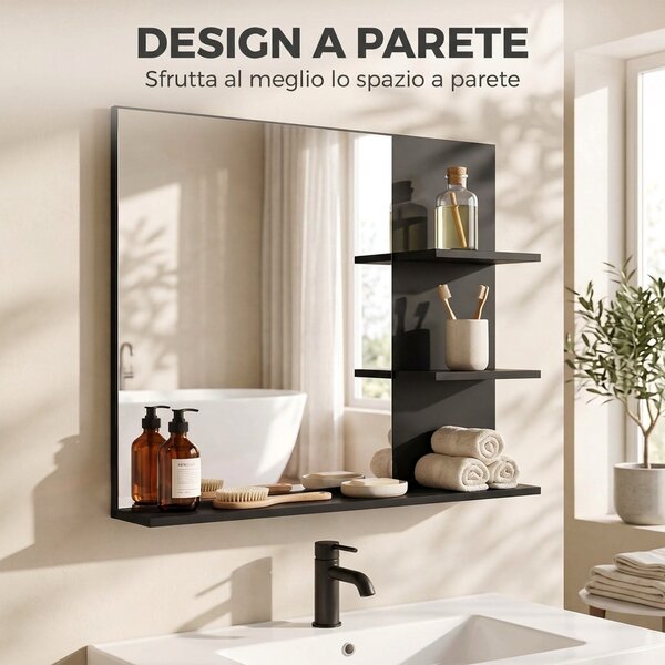 Kleankin Specchio da Bagno con 3 Ripiani Portaoggetti per Trucco, Nero | Aosom Italy