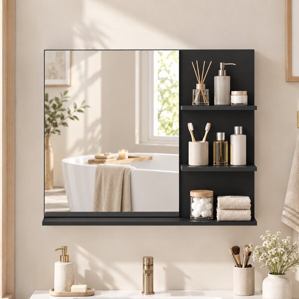 Kleankin Specchio da Bagno con 3 Ripiani Portaoggetti per Trucco, Nero | Aosom Italy