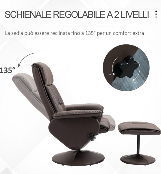 Poltrona Relax Reclinabile 80x69x110 cm con Seduta Girevole e Pouf Poggiapiedi Marrone