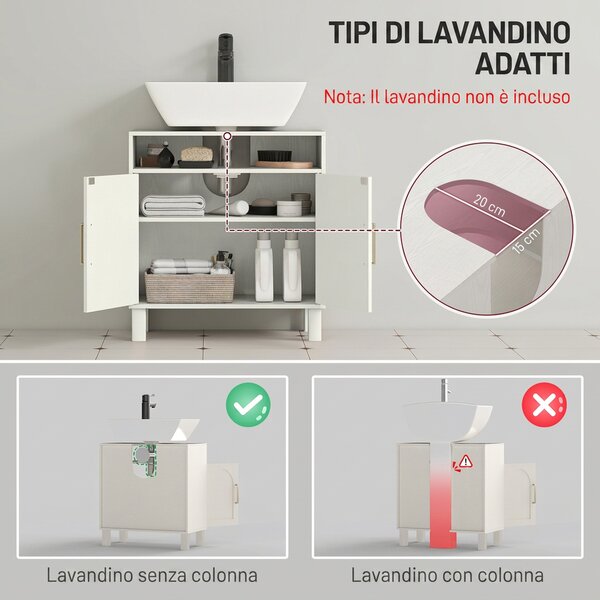 HOMCOM Mobile Sottolavabo per Bagno con 2 Ante ad Arco Incassate, Ripiano Regolabile, per Lavabi senza Colonna, Crema | Aosom Italy