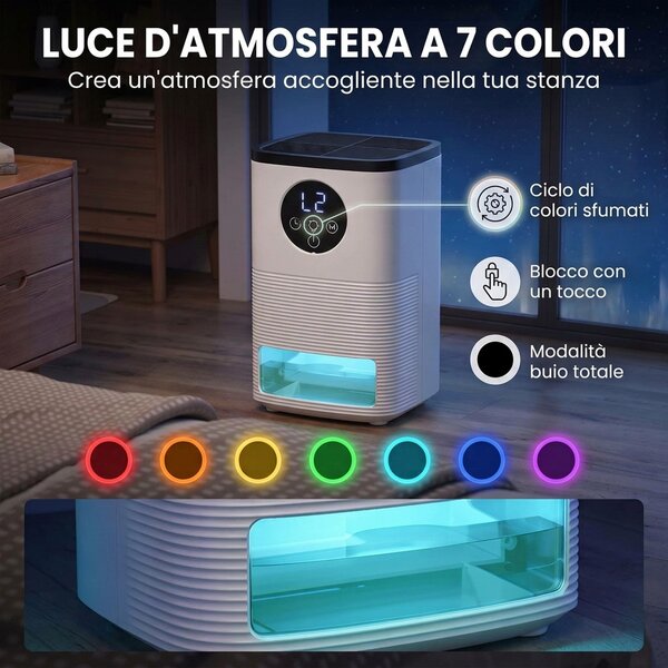 HOMCOM Deumidificatore Casa Portatile 1400ML con Luce RGB a 7 Colori, Display LED, Timer, Maniglia, Bianco | Aosom Italy