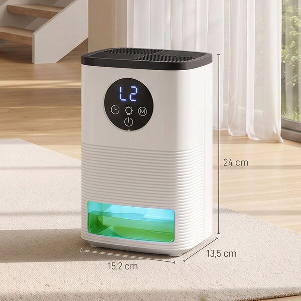 HOMCOM Deumidificatore Casa Portatile 1400ML con Luce RGB a 7 Colori, Display LED, Timer, Maniglia, Bianco | Aosom Italy