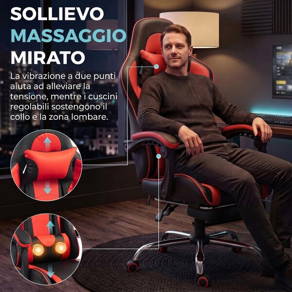 HOMCOM Sedia Gaming Ergonomica Massaggiante con Cuscino Lombare Regolabile, Finta Pelle, Poggiapiedi, Rosso | Aosom Italy