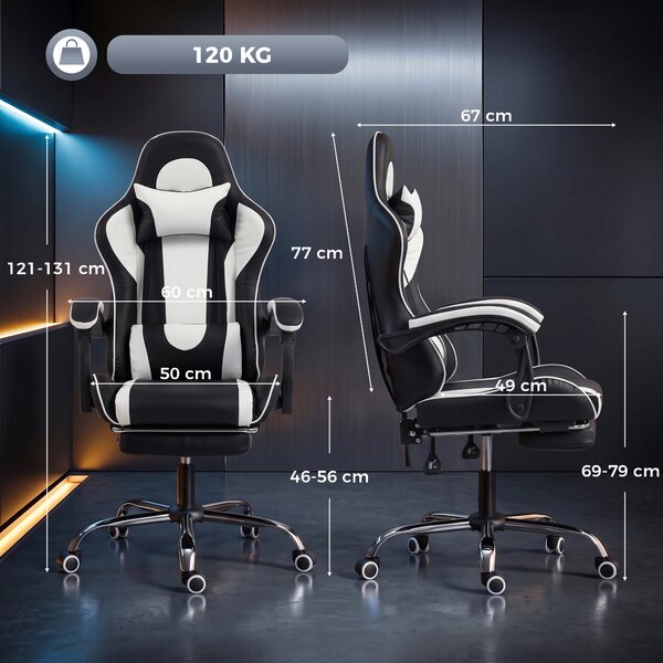HOMCOM Sedia Gaming Ergonomica Massaggiante con Cuscino Lombare Regolabile, Finta Pelle, Poggiapiedi, Bianco | Aosom Italy