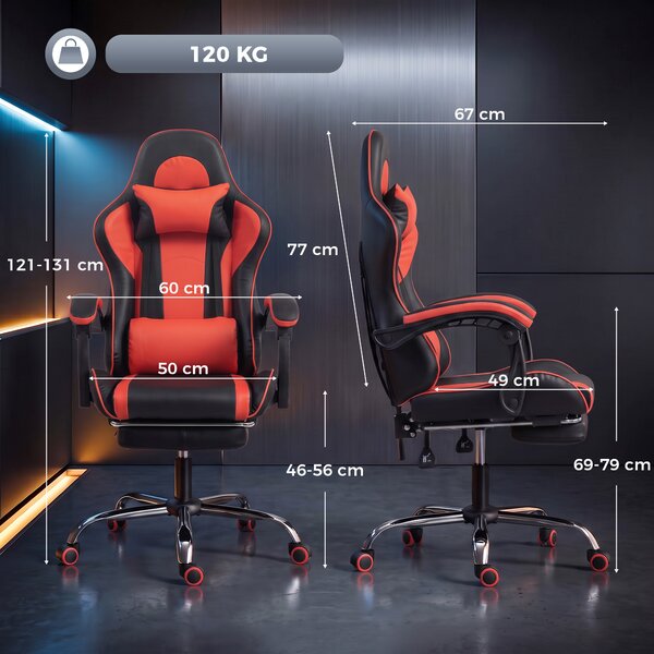 HOMCOM Sedia Gaming Ergonomica Massaggiante con Cuscino Lombare Regolabile, Finta Pelle, Poggiapiedi, Rosso | Aosom Italy