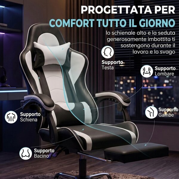 HOMCOM Sedia Gaming Ergonomica Massaggiante con Cuscino Lombare Regolabile, Finta Pelle, Poggiapiedi, Bianco | Aosom Italy