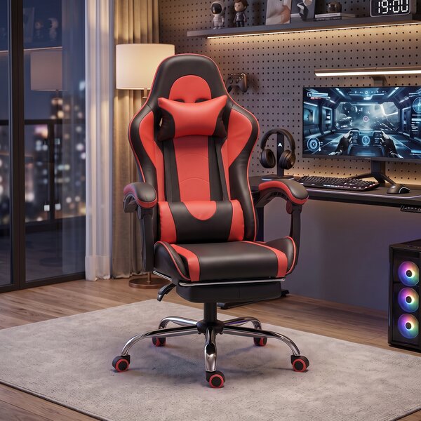 HOMCOM Sedia Gaming Ergonomica Massaggiante con Cuscino Lombare Regolabile, Finta Pelle, Poggiapiedi, Rosso | Aosom Italy