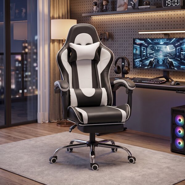 HOMCOM Sedia Gaming Ergonomica Massaggiante con Cuscino Lombare Regolabile, Finta Pelle, Poggiapiedi, Bianco | Aosom Italy