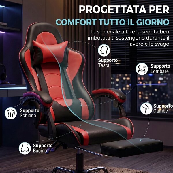 HOMCOM Sedia Gaming Ergonomica Massaggiante con Cuscino Lombare Regolabile, Finta Pelle, Poggiapiedi, Rosso | Aosom Italy