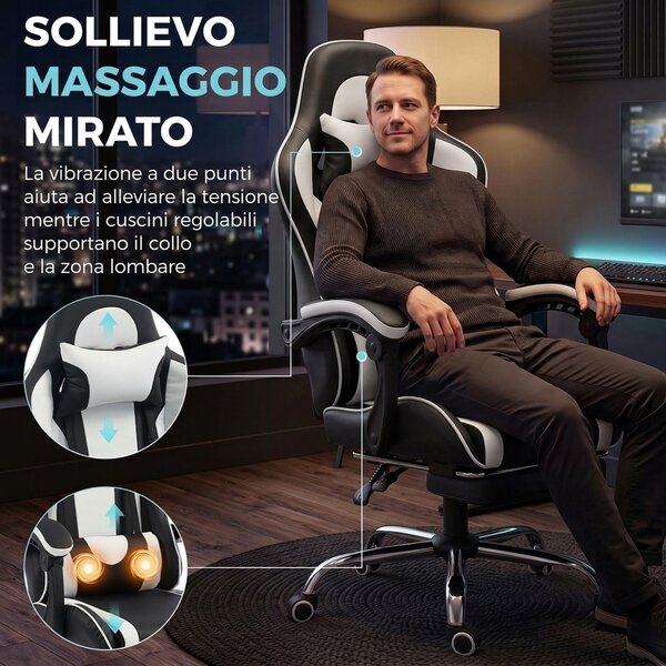 HOMCOM Sedia Gaming Ergonomica Massaggiante con Cuscino Lombare Regolabile, Finta Pelle, Poggiapiedi, Bianco | Aosom Italy
