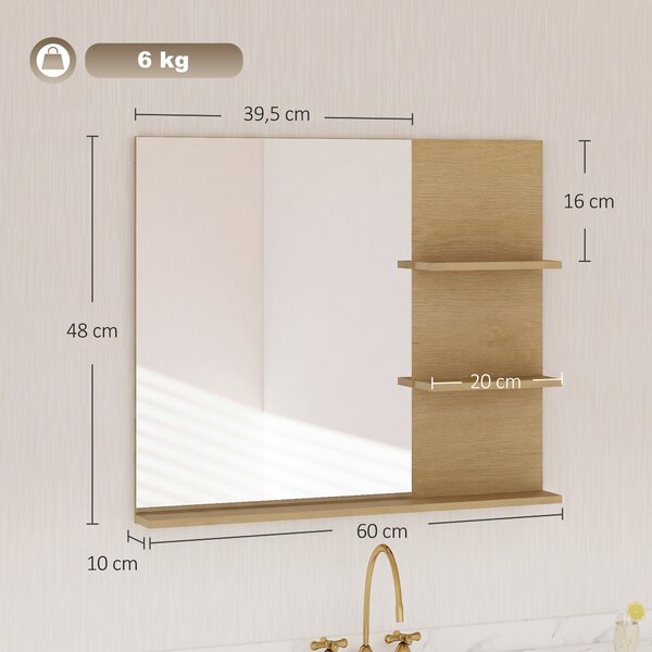 Kleankin Specchio da Bagno con 3 Ripiani Portaoggetti per Trucco, Rovere | Aosom Italy