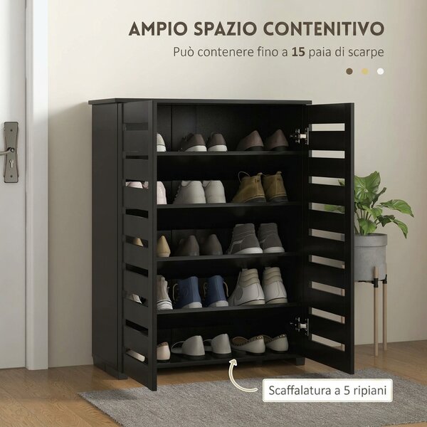 HOMCOM Mobile Scarpiera a 5 Livelli con 4 Ripiani Regolabili e Ante a Doghe, in Legno, 76x33Px98 cm, Nero | Aosom Italy