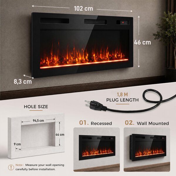 HOMCOM 102 cm Camino Elettrico da Incasso/Parete/Terra Ultrasottile 8.3 cm con Telecomando, 900/1800W, Timer, 35㎡ Nero | Aosom Italy