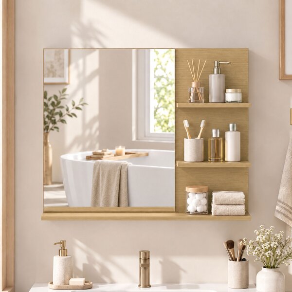 Kleankin Specchio da Bagno con 3 Ripiani Portaoggetti per Trucco, Rovere | Aosom Italy