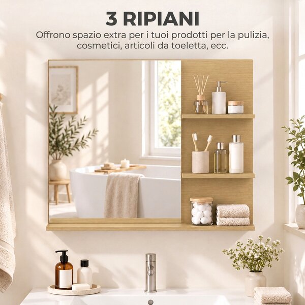 Kleankin Specchio da Bagno con 3 Ripiani Portaoggetti per Trucco, Rovere | Aosom Italy