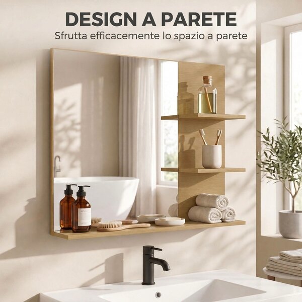 Kleankin Specchio da Bagno con 3 Ripiani Portaoggetti per Trucco, Rovere | Aosom Italy