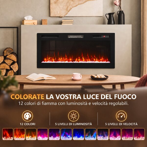 HOMCOM 102 cm Camino Elettrico da Incasso/Parete/Terra Ultrasottile 8.3 cm con Telecomando, 900/1800W, Timer, 35㎡ Nero | Aosom Italy