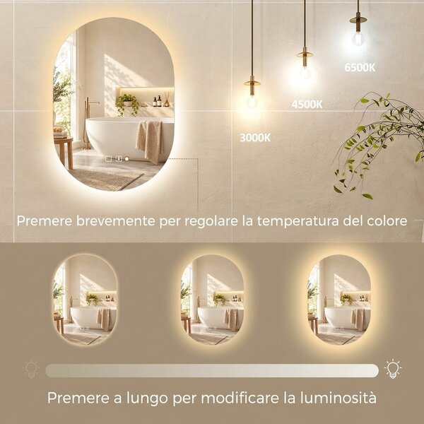 HOMCOM Specchio da Bagno LED 60x90cm, Senza Cornice, 3 Colori Dimmerabili | Aosom Italy