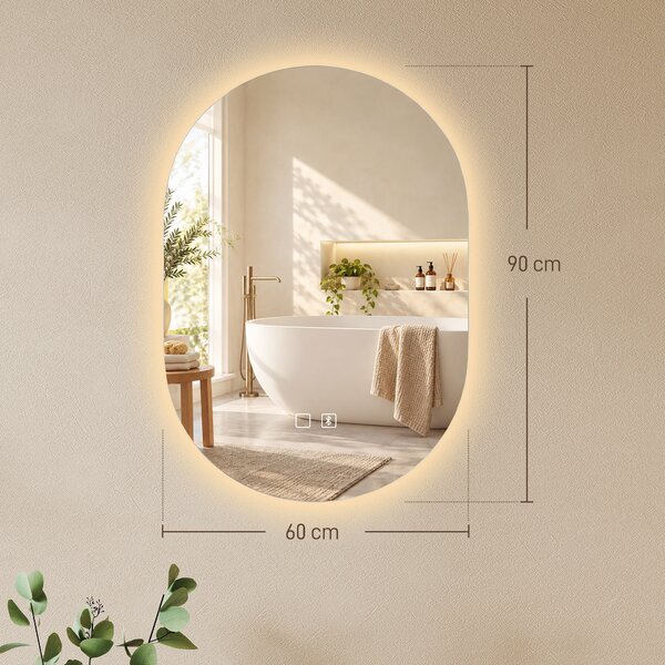 HOMCOM Specchio da Bagno LED 60x90cm, Senza Cornice, 3 Colori Dimmerabili | Aosom Italy
