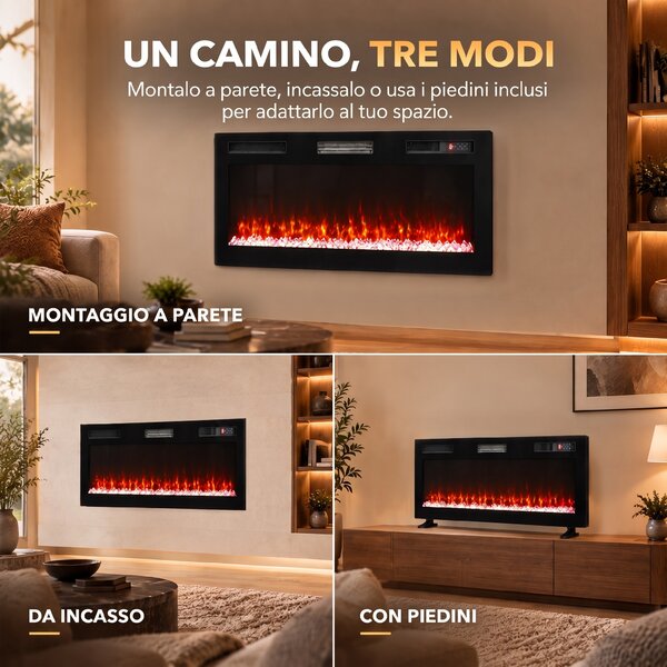 HOMCOM 102 cm Camino Elettrico da Incasso/Parete/Terra Ultrasottile 8.3 cm con Telecomando, 900/1800W, Timer, 35㎡ Nero | Aosom Italy